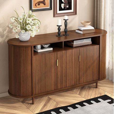 Buffet de rangement 3 portes pour salon ou salle à manger, 140x40x78 cm, MDF et panneaux de particules noyer (1/5)