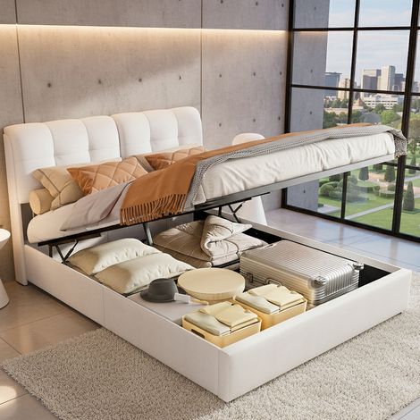 Lit 140x200 avec sommier LED, lit coffre 140x200 avec tete de lits, lit 2 personnes lits capitonné cadre de lit, lit double avec à lattes et espace de rangement, beige (1/5)