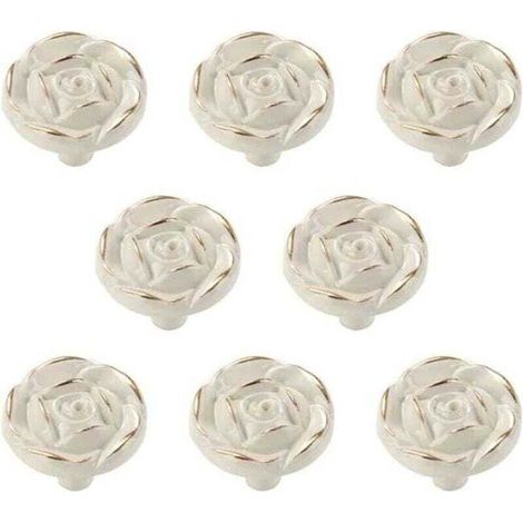 Set di 8 pomelli vintage per mobili e cassetti, bianchi, a forma di rosa (1/4)