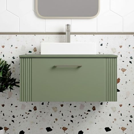 Nuie Deco Satin Green 800mm Wall Hung Single Drawer Vanity Unit with Worktop - DPF896W (1/5)