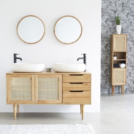 Berah Getah – Meuble sous vasque simple en mindi massif 135 cm – 3 tiroirs et 2 portes – Style vintage avec cannage – Pour salle de bain moderne