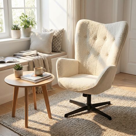 Meubles Cosy FUCHS Poltrona da salotto girevole 360° regolabile in altezza, tessuto bouclé bianco, braccioli e base in metallo nero (1/5)