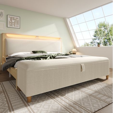 lit double rangement LED 140x200 matelas bois beige OKMYHOME (1/5)