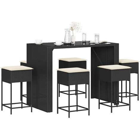 Ensemble de bar de jardin 7 pièces avec coussins, poly rotin noir, table 145 x 80 x 110 cm - PANGIVO (1/5)