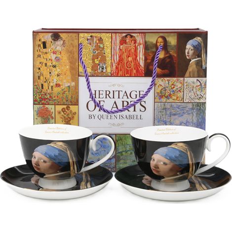 Tazas de porcelana de 250 ml con platillos, de la obra "La joven de la perla" de Vermeer, 2 unidades. (1/5)