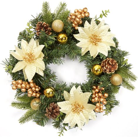 Christmas Wreath, Door Wreath with Christmas Baubles, Christmas Flowers, Berries and Pine Cones for Front Door, Fireplace and Wall Decoration - Gold 40 cm