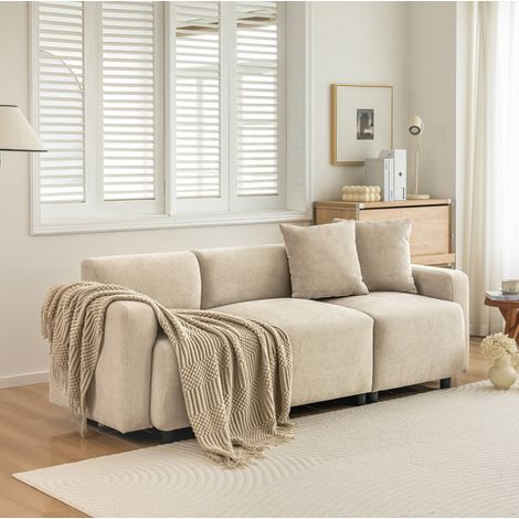 Divano 3 posti in tessuto chenille beige, braccioli arrotondati, con 2 cuscini HAVRYA (1/5)