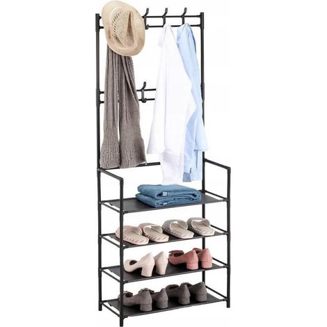 Porte-manteau, 4 étagères à chaussures, 8 patères doubles, entrée, 150,5x59,5x25 cm, acier noir (1/5)