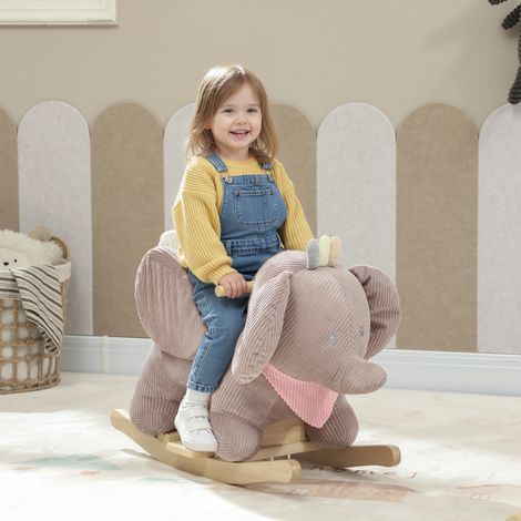 Cheval à bascule pour bébé avec son d'éléphant et harnais de sécurité 3 points, socle en bois marron (1/5)