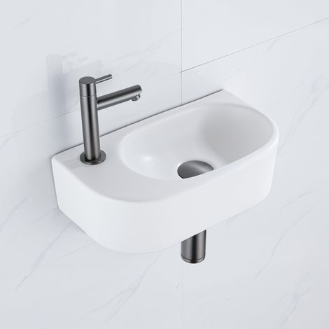 QeramiQ Fuente Ensemble de Lavabo - 40x21.5x12cm - gauche - lisse - demi-rond - 1 trou de robinet - céramique - ensemble de robinet gunmetal - bouchon (1/5)