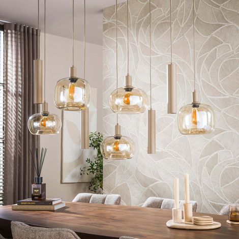 Suspension 9 lampes 130x37x130 cm en verre et métal ambré et beige