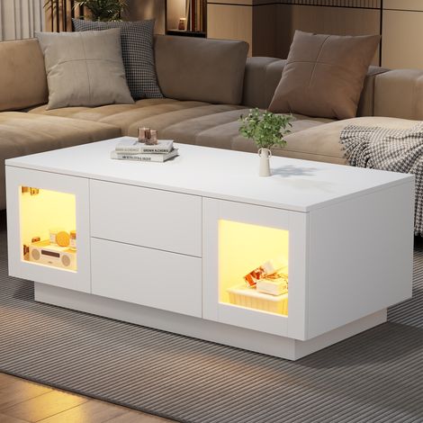 Couchtisch 100x50x40 cm, mit LED Beleuchtung, 2 Schubladen, 2 Schränke, MDF, Weiß (1/5)