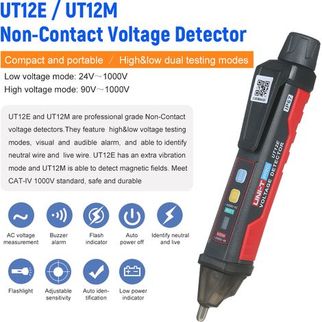 Detector de voltaje de CA UNI-T UT12E de 24 V a 1000 V, comprobador portátil sin contacto, lápiz comprobador de voltaje y corriente con alarma sonora y visual, linterna LED y función de vibración. (1/2)