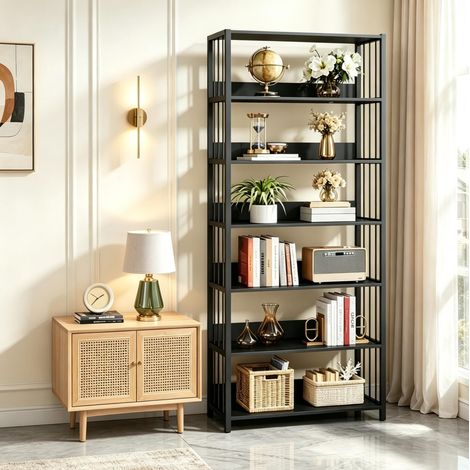 Libreria a scaffale 80x30x190 cm in MDF e metallo nero salvaspazio FloraGrace (1/5)