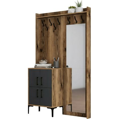 Dmora - Mobile da ingresso Pollux, Entratina appendiabiti, Composizione per atrio, Consolle portaoggetti multifunzione, 120x35h200 cm, Noce e Antracite, con imballo rinforzato, con imballo rinforzato