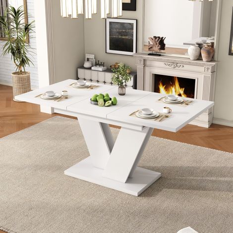 Ausziehbarer Esstisch MDF Weiß 120/160x80 cm mit V-förmigen Metallbeinen für 4–8 Personen
