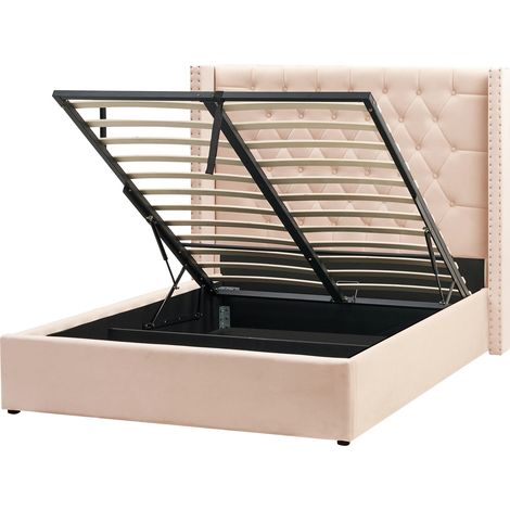 Cama con almacenaje de terciopelo beige plateado 140 x 200 cm cabecero Lubbon