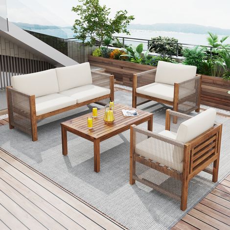 Ensemble de salon de jardin avec coussins confortables - Canapé 2 places, 2 fauteuils et table aspect rotin et bois d'acacia beige pour jardin terrasse balcon (1/5)