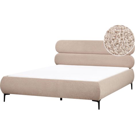 Cama con somier minimalista de bouclé cabecero patas de metal negro dormitorio 180 x 200 cm gris pardo Lessay (1/5)