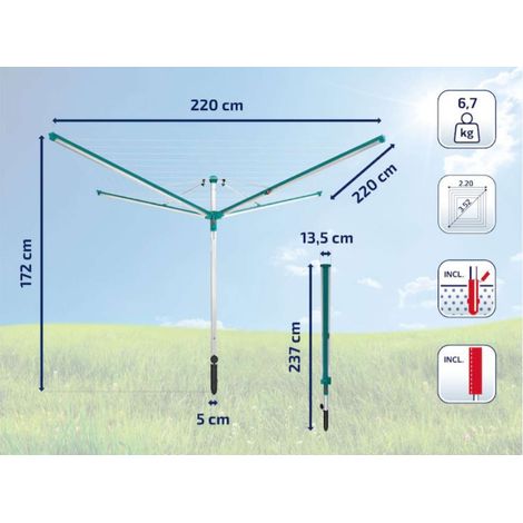 Leifheit – Séchoir parapluie Linomatic 600 Deluxe Cover – Système Easy Lift – Protection anti-salissures – Longueur de fil 60 mètres – Housse résistante aux intempéries