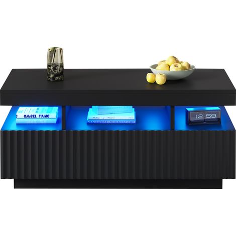 Table basse LED 100x50x45 cm avec 2 tiroirs - Structure moulée sous vide - Noir (1/5)
