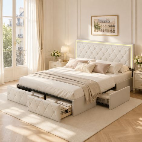 Lit double 160 x 200 avec tête de lit réglable - Lit adulte 160 x 200 avec 4 tiroirs sous le lit - Sommier à lattes - Cuir PU imperméable - Beige (1/5)