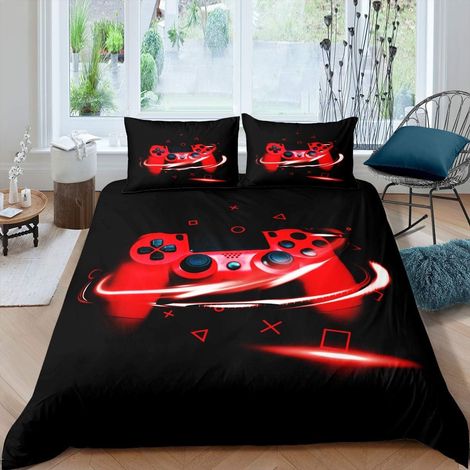 Garçons Gamepad Parure de Lit 140x200cm Joueur Jeu Vidéo Gamepad Housse de Couette Géométrique Grille Triangle Cercle Parure Housse de Couette Jeux Jeu Manette 2 pièces Noir Rouge - 140x200 cm (1/5)