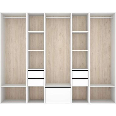 Vestidor Sofia 4 cajones, zapatero  y trasera reversible en blanco/natural, 204.5cm(alto) 256cm(ancho) 45cm(fondo).