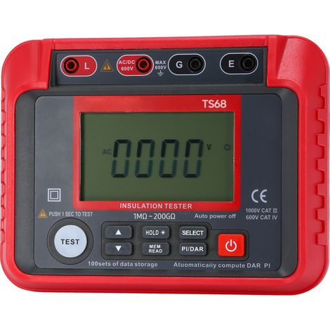 Testeur de résistance d'isolement numérique TS68, 1 MΩ-200 GΩ, mégohmmètre avec écran LCD rétroéclairé, AC/DC 10-600 V, jusqu'à 2000 points, DAR, indice PI, kit de mesure de résistance d'isolement ave (1/5)