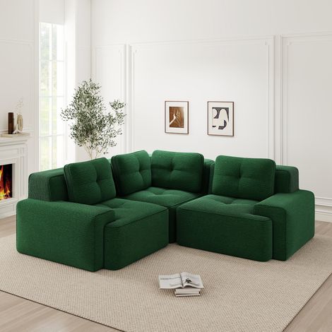REDOM - Sofá modular de 2 plazas en L, confort envolvente, asiento profundo, antideslizante, tela de pana verde (1/5)