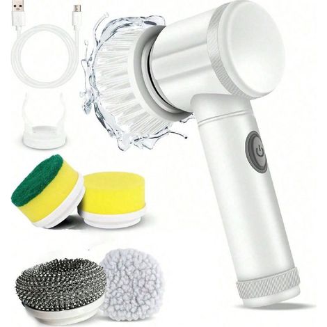 Brosse de nettoyage électrique multifonctionnelle pour la cuisine et la salle de bain, blanche, avec 5 têtes de brosse interchangeables (1/5)