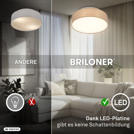 Briloner Plafoniera LED con paralume in tessuto Ø30x10,5 cm rotonda 16W 1800lm 3000K bianco caldo tortora - Lampada da soffitto soggiorno camera da letto cucina corridoio