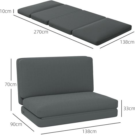 Fauteuil inclinable pliable 3 en 1, matelas d'appoint, divisible, 138 cm de large, gris foncé (1/5)
