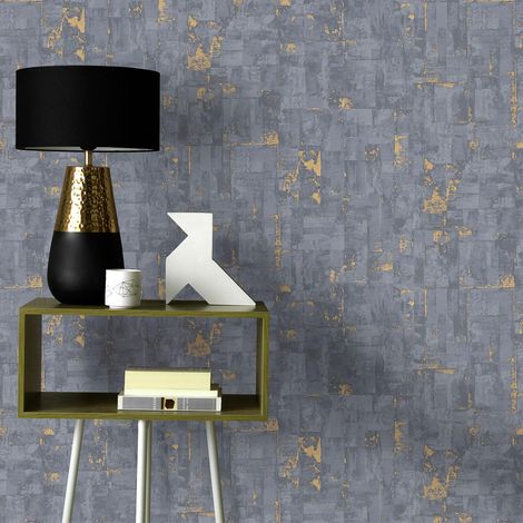 Papier peint gris et doré effet béton graphique | Tapisserie grise chambre ado originale | Papier peint intissé chambre & couloir (1/4)