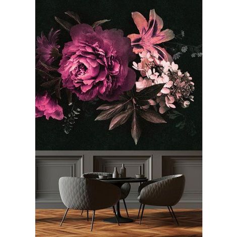 Papier peint panoramique floral noir & rose Tapisserie panoramique à fleurs pour salon Papier peint panoramique élégant nature idéal pour chambre (1/3)