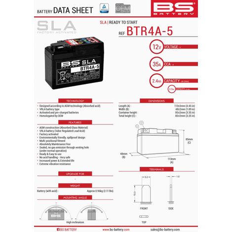 BATTERIA BS BTR4A-5 (FA ) (YTR4A-BS) 12V 2.3AH 113X48X85X SENZA MANUTENZIONE - A LIQUIDO (35A) (12)