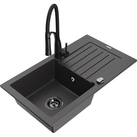 Mexen Pablo 1 Becken-Granitspüle mit Abtropffläche und Mischbatterie Aster, Schwarz gesprenkelt - 6510-76-73450-70-B (1/5)