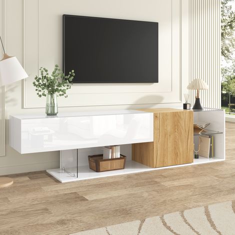 Meuble TV brillant 180 x 38 x 48 cm - avec 2 portes - étagères en verre - aspect bois - panneaux de particules - blanc+naturel (1/5)