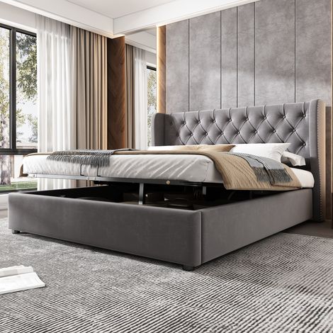 Lit fonctionnel hydraulique 140x190 cm avec sommier à lattes et coffre de rangement, tête de lit en velours gris, double couchage