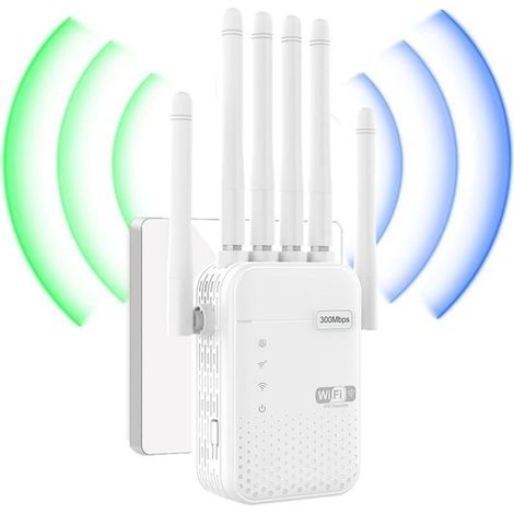 Repetidor WiFi, amplificador WiFi, potente repetidor WiFi con 6 antenas potentes, 2 puertos LAN, modo repetidor, router y punto de acceso, repetidor WiFi para exteriores con cobertura WiFi de 1000 m², (1/5)