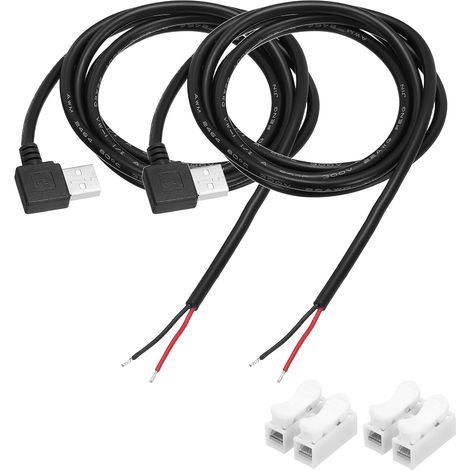 2-Pack Short USB Power Cable with Pigtail Plug, 1M/3.2FT Male Elbow Short Power Cable 22AWG 5V 3A USB-C Plug with 2-Position Wire Connector for USB or DIY Projects, Black (1/5)