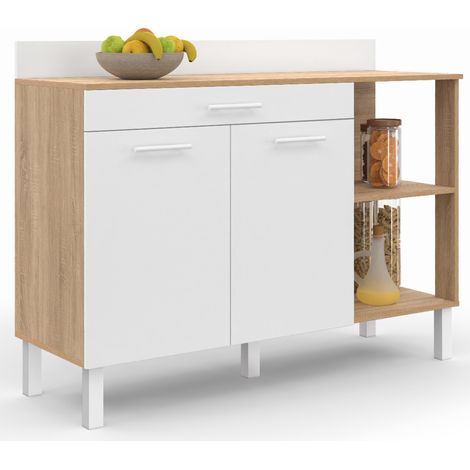 Idmarket – Buffet bas de cuisine 120 cm – Plan de travail H.83 cm – 2 portes + tiroir – Finition hêtre et blanc – Rangement optimisé