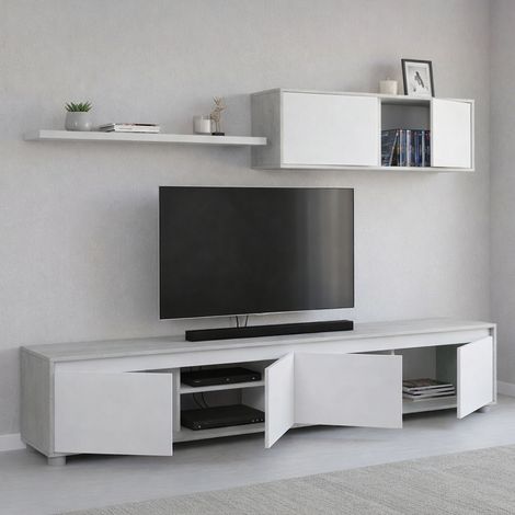 Dmora Mueble TV para salón con cuatro puertas, con mueble alto y balda, color cemento y blanco artik, medidas mueble TV 200 x 43 x 41 cm Mueble TV 105 x 35 x 29 cm Balda 95 x 3 x 21 cm, con embalaje r (1/5)