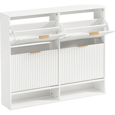 Zapatero blanco 120 x 24 x 102 cm con puertas abatibles y cajón abierto, MDF, con sistema antivuelco (1/5)