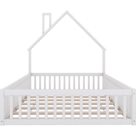 Kinderbett 140 x 190 cm mit Sicherheitsgitter und Lattenrost, Kiefernholz und MDF, Weiß (1/5)