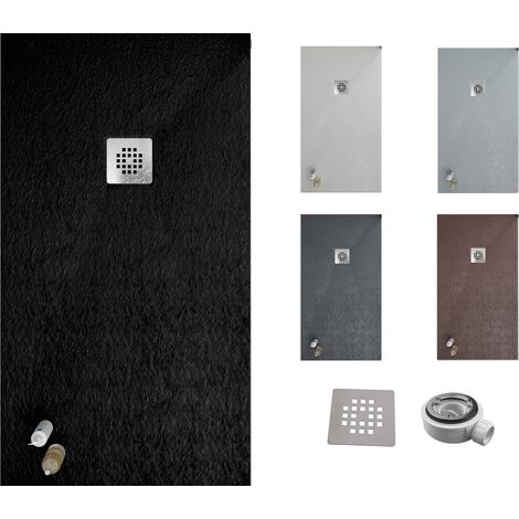 Receveur de douche ONE 90x200 - Matériau en résine avec charge minérale et texture ardoise C3 antidérapante - Comprend une vanne de vidange et une grille (1/5)