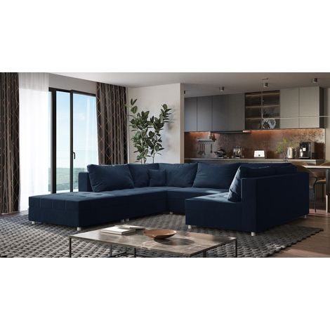 Wohnlandschaft Sofa ANDRO Schlaffunktion und Hocker Stoff Fresh Dunkelblau (1/5)