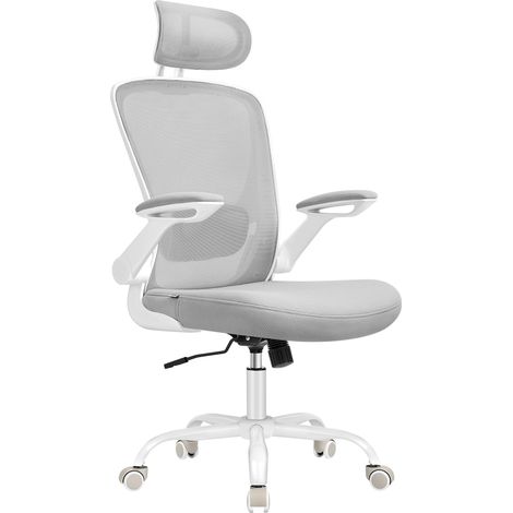 Chaise Bureau Ergonomique, Tissu en Maille, Support Lombaire, Appui-tête, Mécanisme à Bascule, Assise Large de 53 cm, Accoudoirs Rabattables, pour Bureau, Chambre, Gris Tourterelle OBN047G01 (1/5)