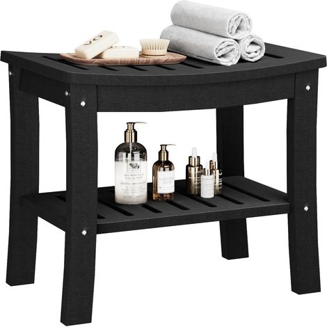 Tabouret de Douche avec Étagère de Rangement, Siège de Douche Antidérapant et Résistant à l'Eau, Charge Max. 180 kg, Chaise de Bain pour Seniors, Salle de Bain, Piscine et Extérieur, Noir (1/5)