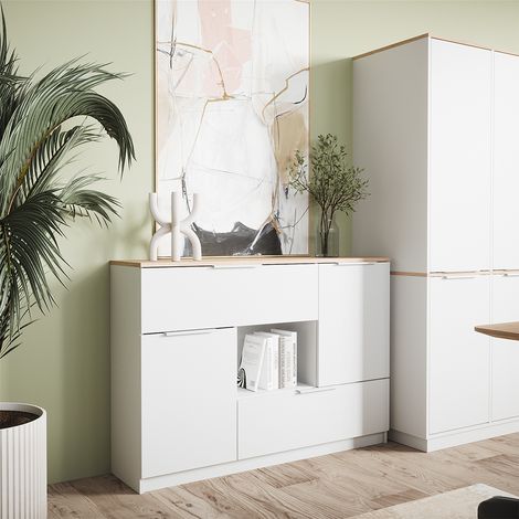 Commode avec tiroirs Betti, Blanc/Sonoma, 120x83.6cm 2x porte, 2x tiroir et 1x compartiment ouvert, Vicco (1/5)